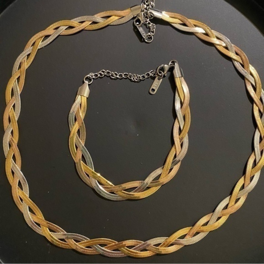 Tri tone braided minimalist necklace and bracelet - 18k gold plated